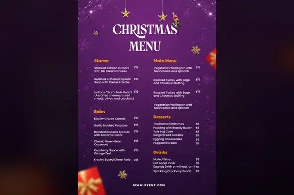 Purple Festive Holiday Restaurant Menu Template