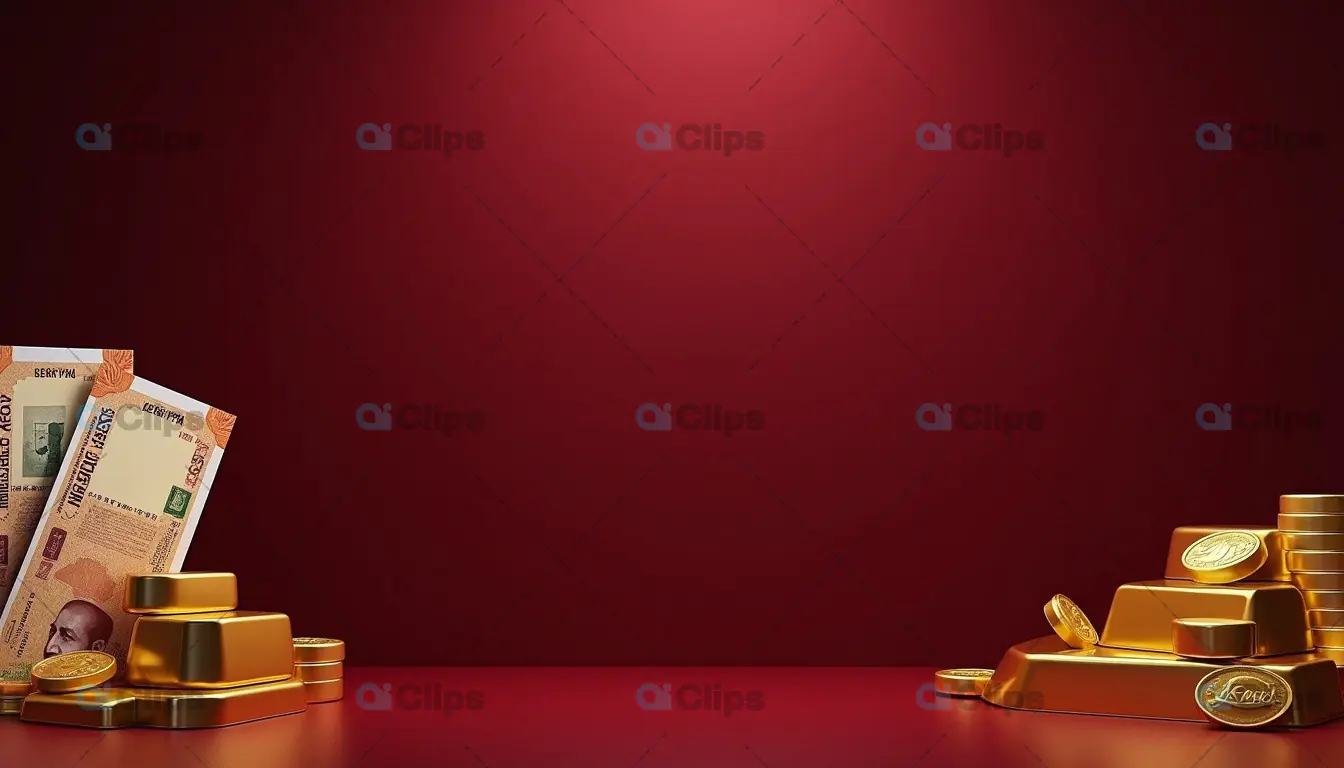 Gold Bars, Indian Rupees, and Coins on Red Background