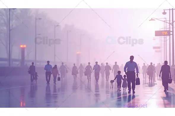 People Walking in Foggy Urban Setting at Dusk