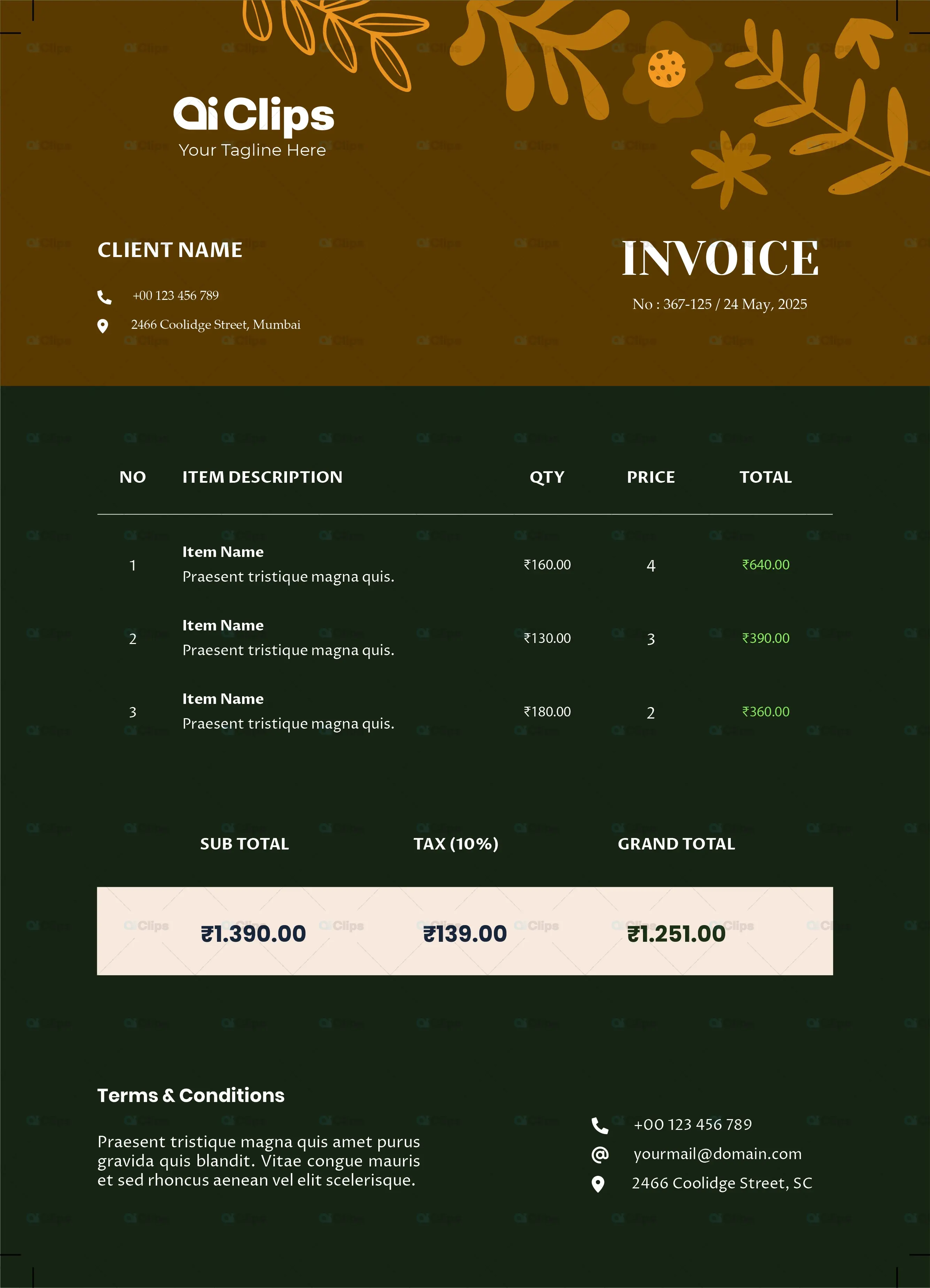 Elegant Dark Green and Gold Floral Invoice Template