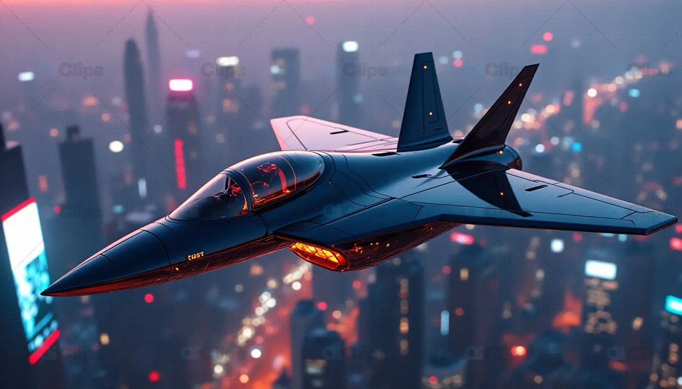 Futuristic Jet Over Cityscape at Night