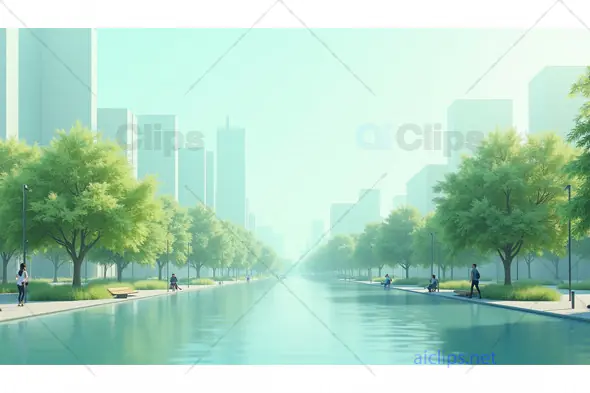 Modern City Park Canal with Skyline