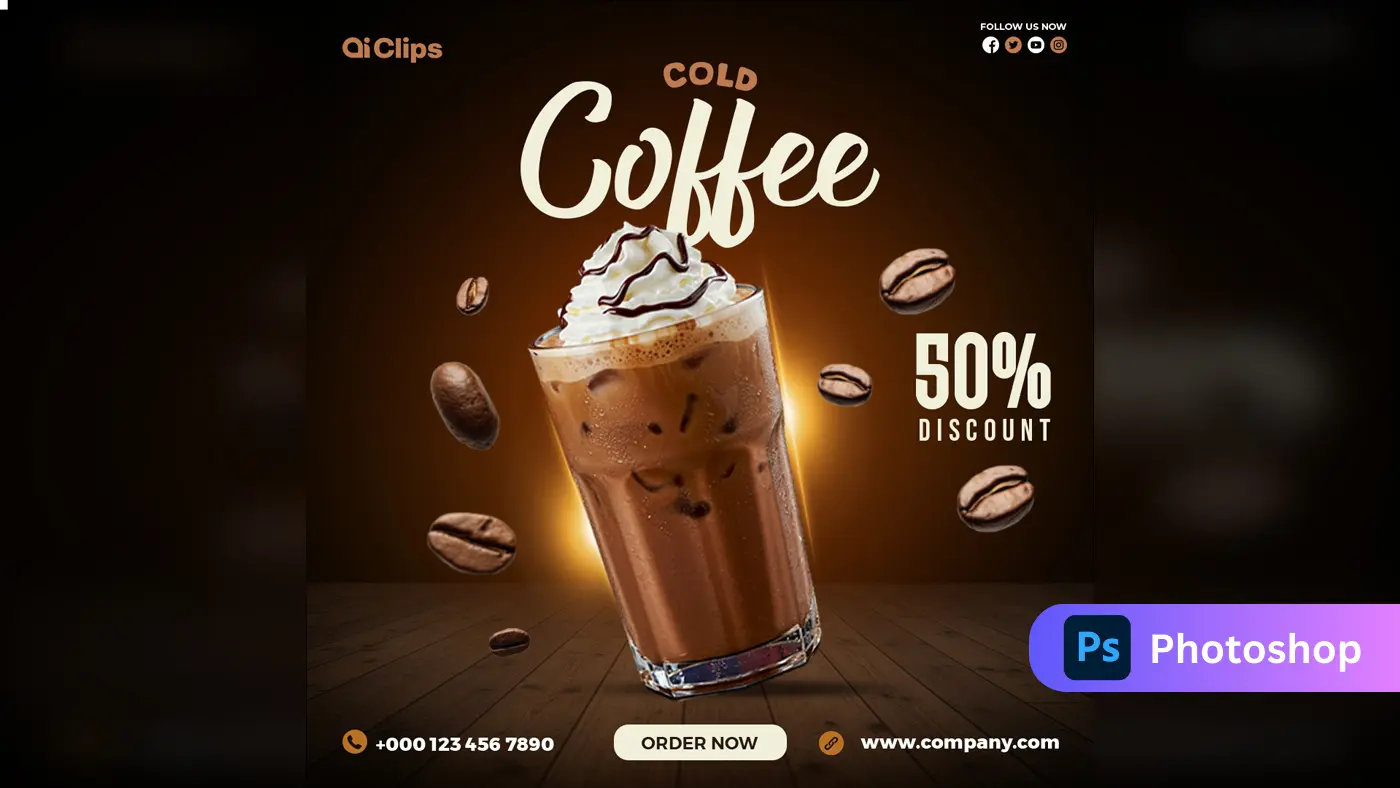 Iced Coffee Promotional Banner with 50% Discount Offer