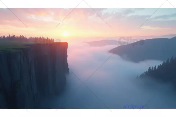 Sunrise Over Mountain Cliff and Misty Valley