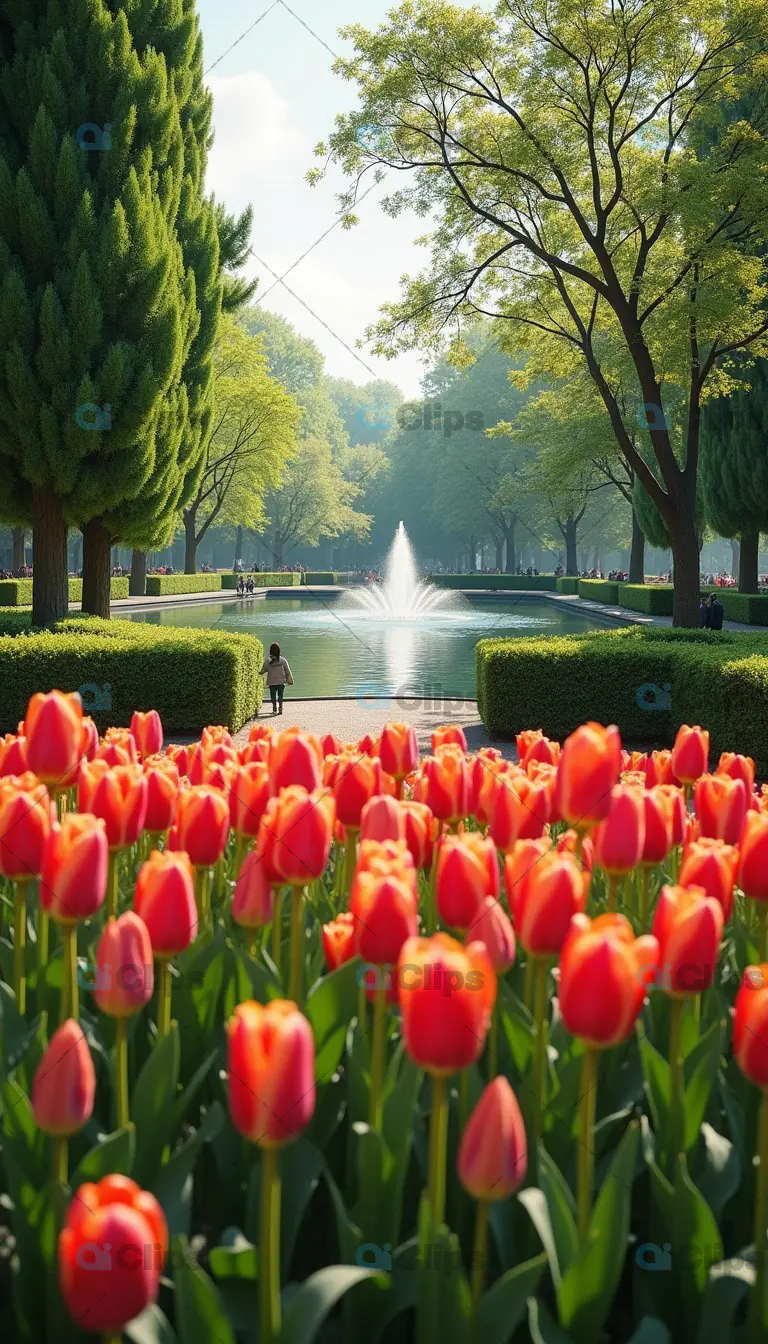 Tulips in Bloom with Fountain in the Park