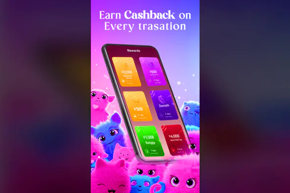 Cashback Rewards App Promo Template with Cute Cartoon Creatures