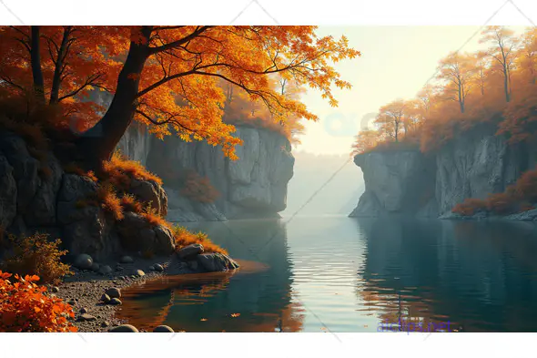 Autumn Trees by a Serene River Gorge