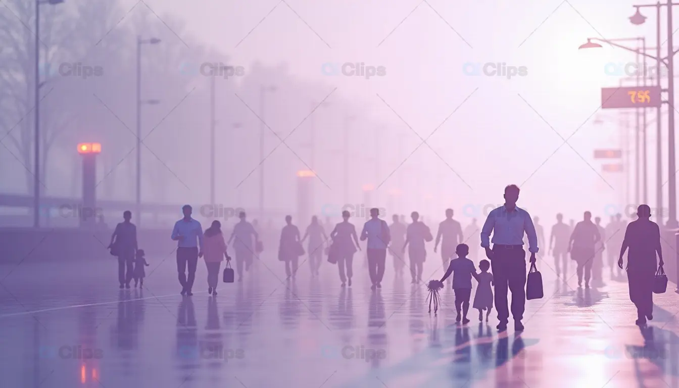 People Walking in Foggy Urban Setting at Dusk