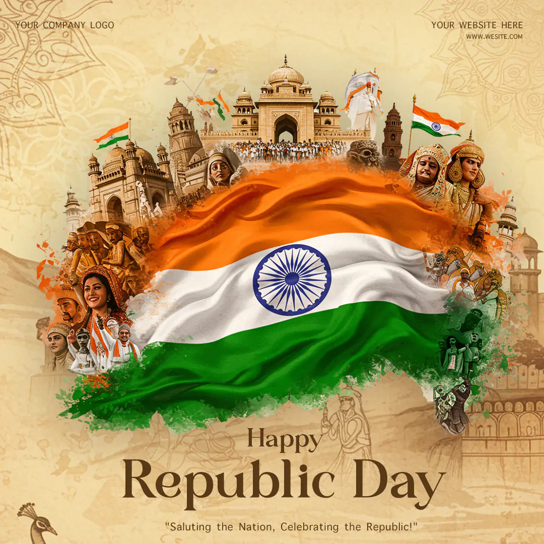 Tricolor Flag & Heritage Poster Design of Indian Republic Day PSD Template