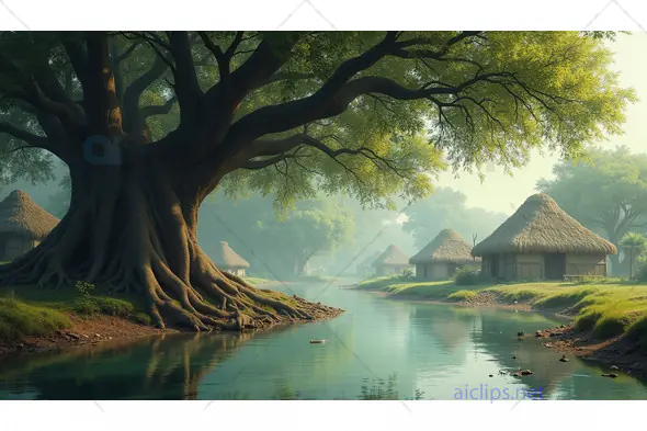 Peaceful Village by the River with Majestic Tree