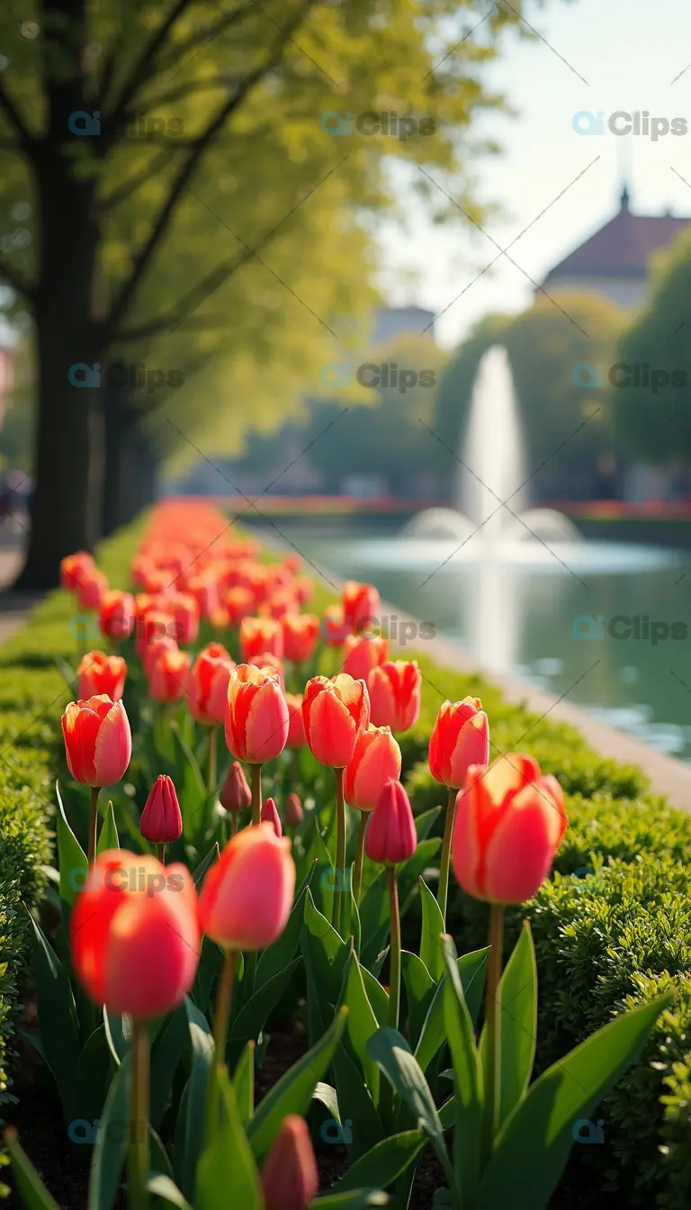 Vibrant Tulips in a Garden with Fountain Background