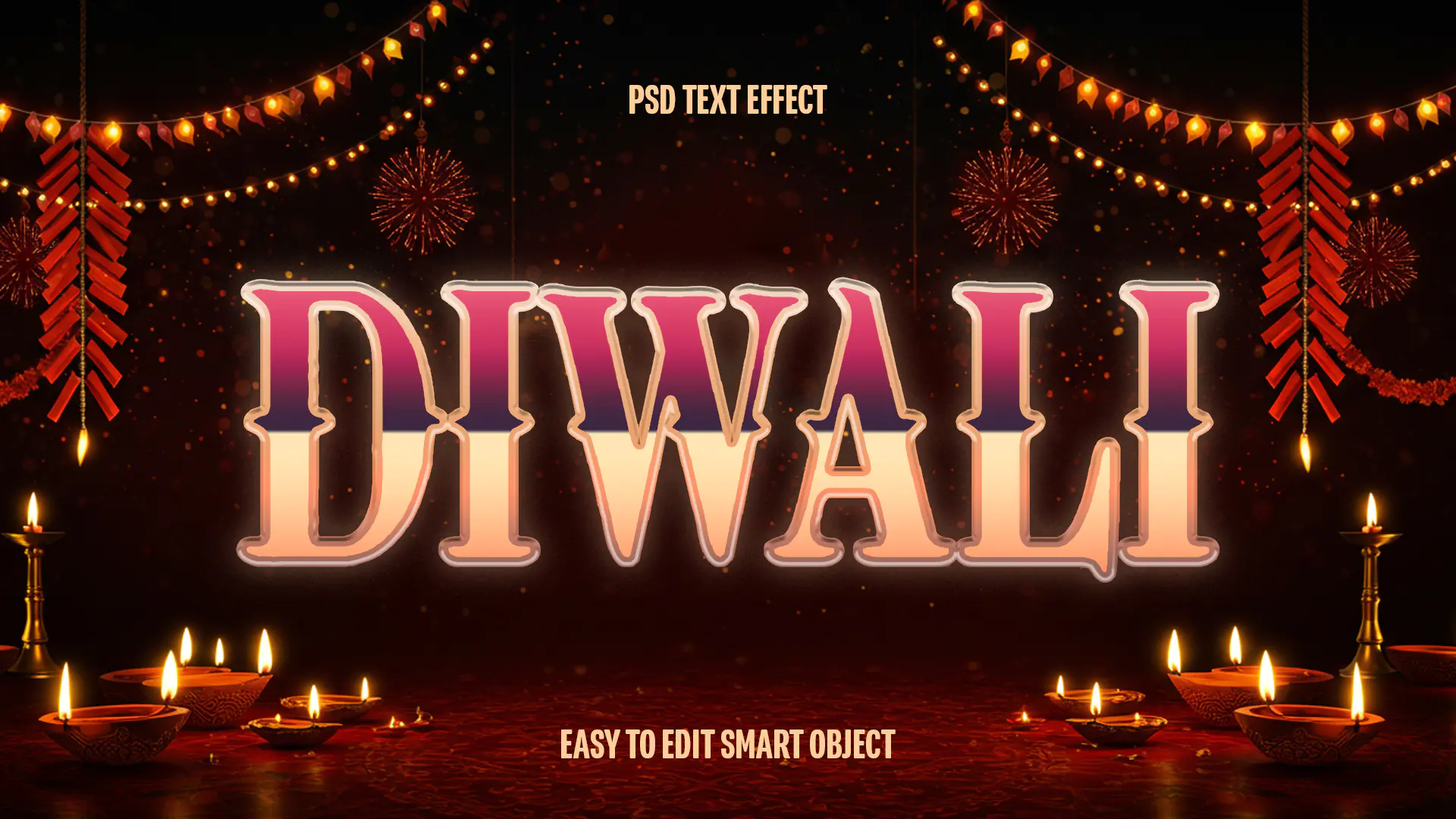 Editable Diwali Text Effect with Glowing Lamps