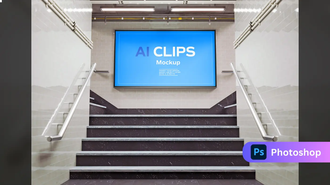Subway Billboard Above Staircase Mockup