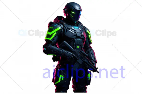 Futuristic Armored Soldier in Neon-Tinted Tactical Gear