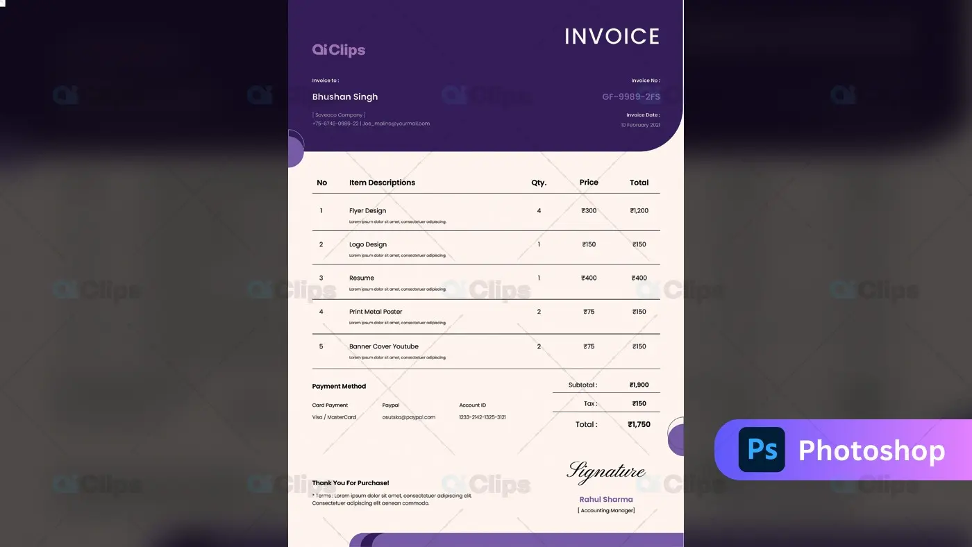 Modern Purple Professional Invoice Template Design