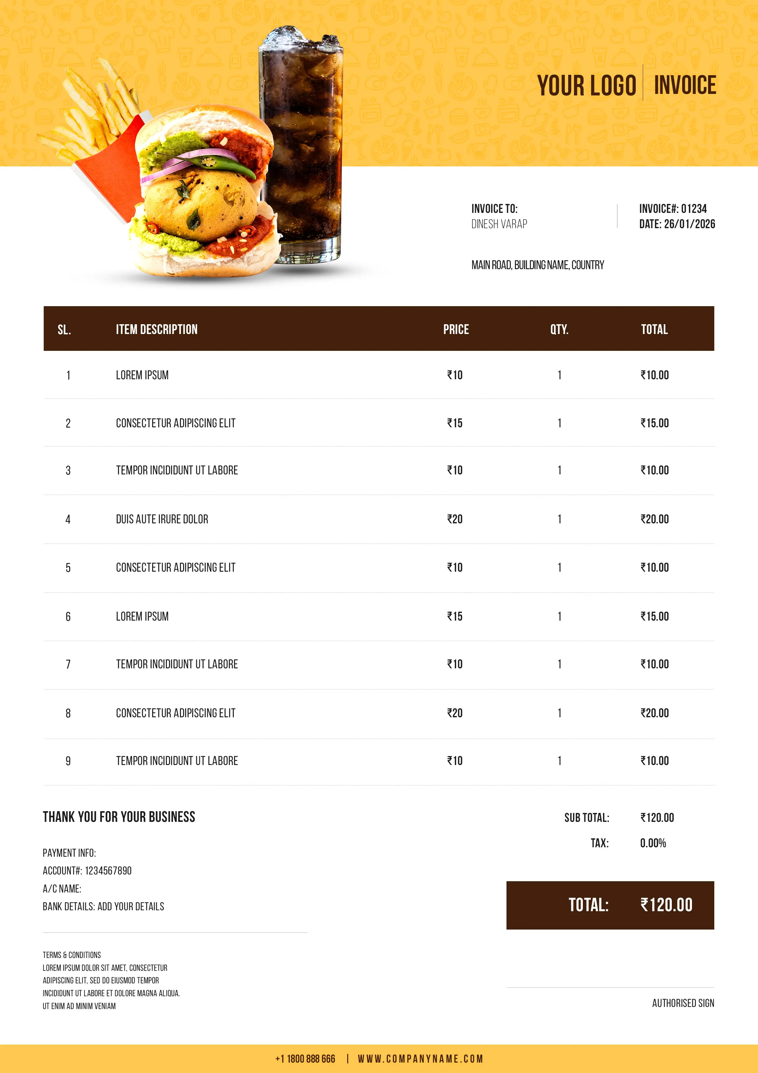 Fast Food Restaurant Invoice Template