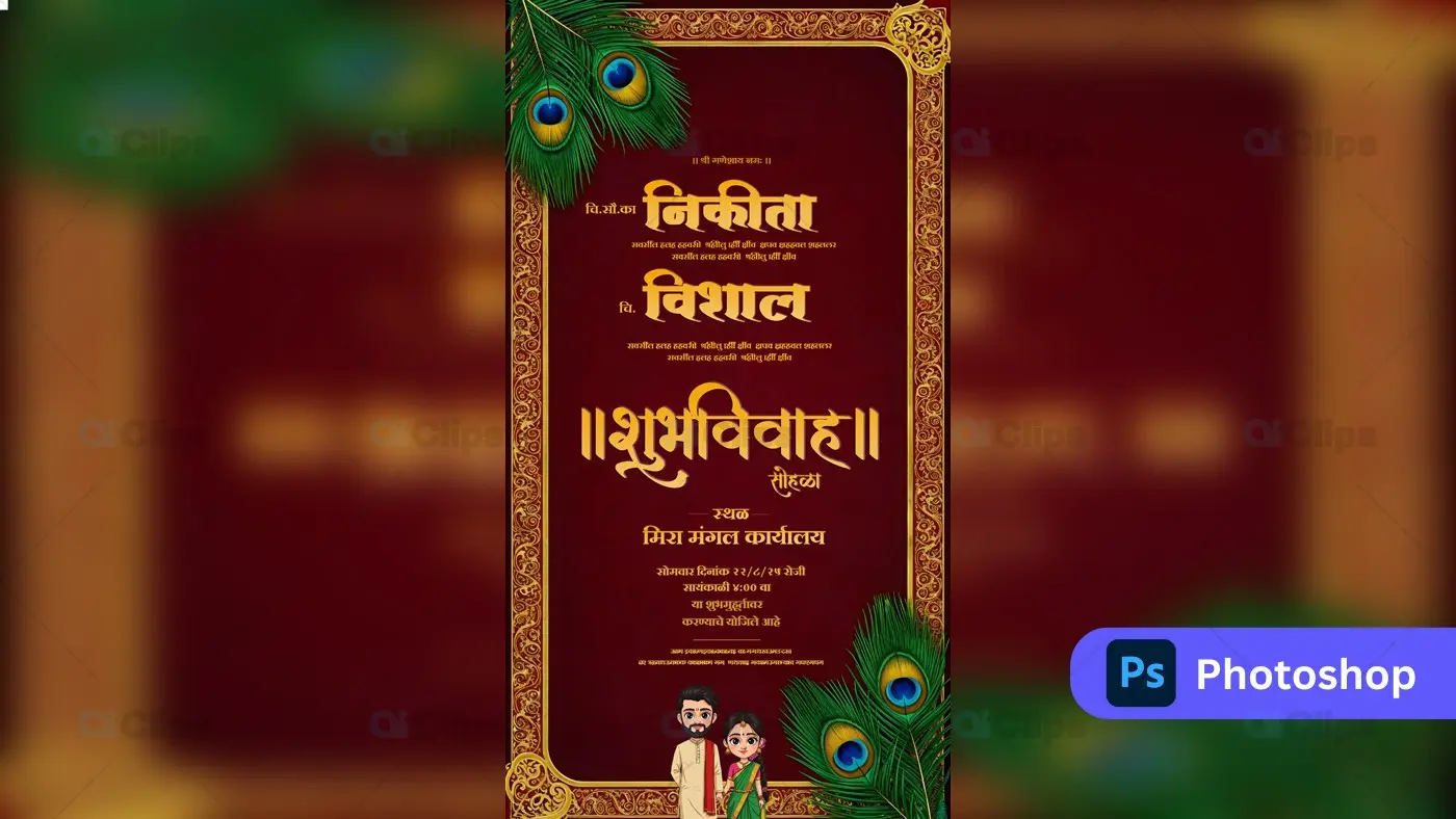 Peacock Theme Indian Wedding Invitation PSD Template
