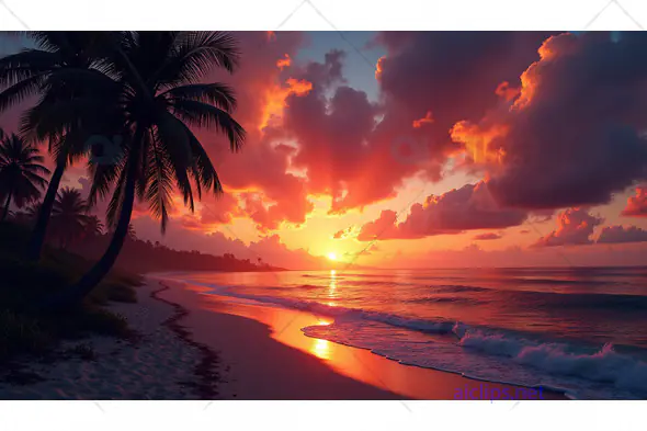Tropical Beach Sunset with Palm Trees – Serene Coastal Landscape