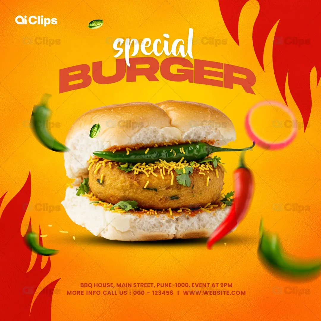 Spicy Special Burger with Flame Design Food Promotion Template