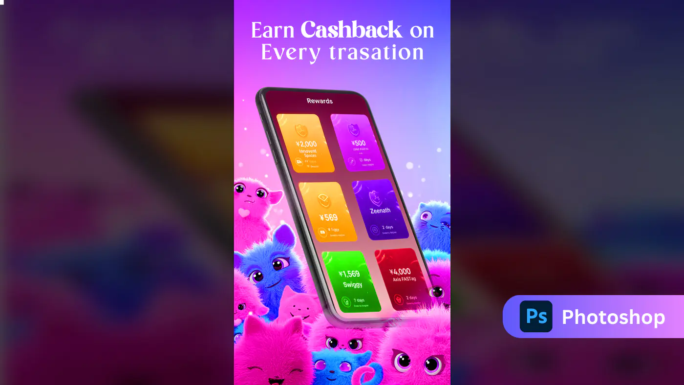 Cashback Rewards App Promo Template with Cute Cartoon Creatures
