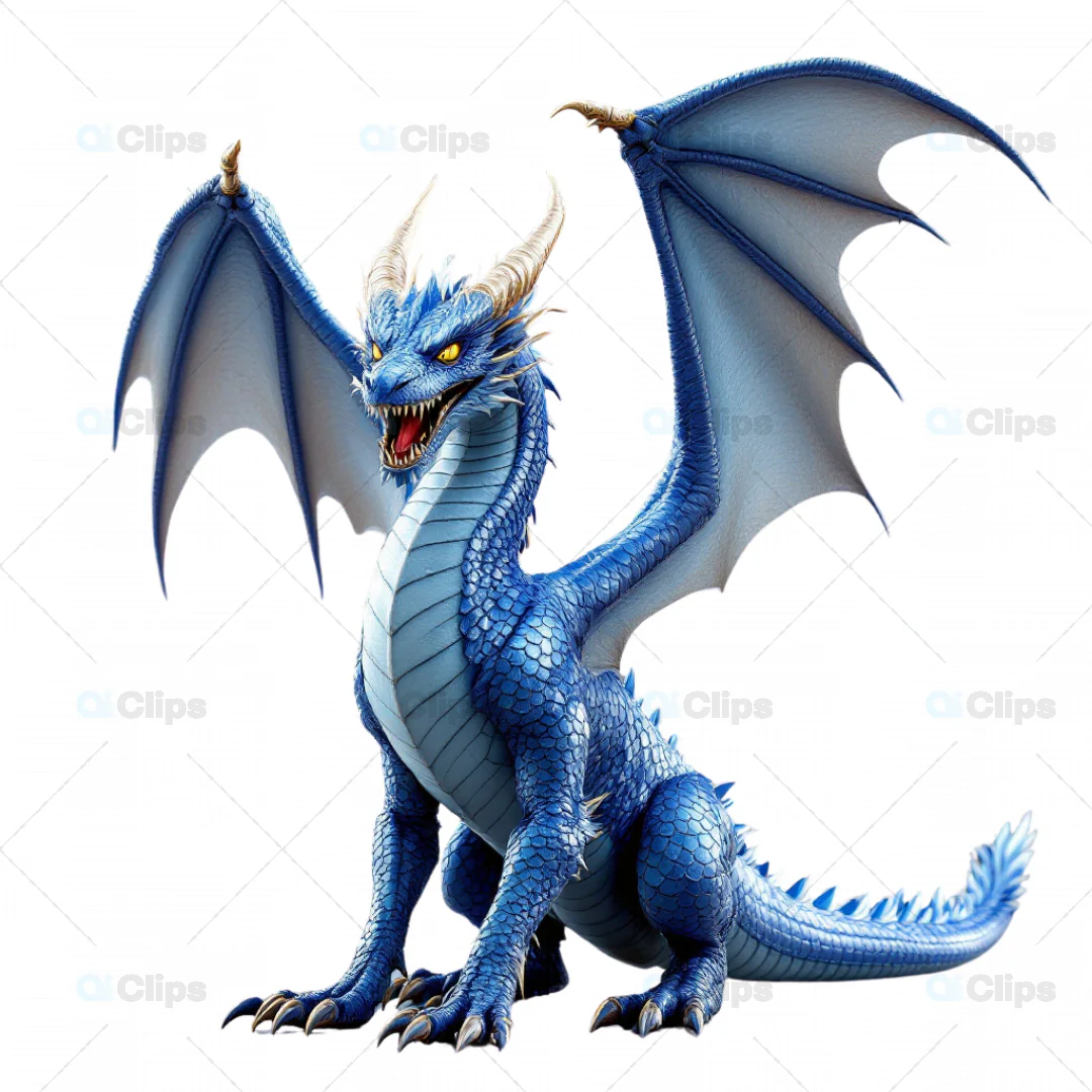 Majestic 3D Blue Dragon with Raised Wings and Fierce Expression
