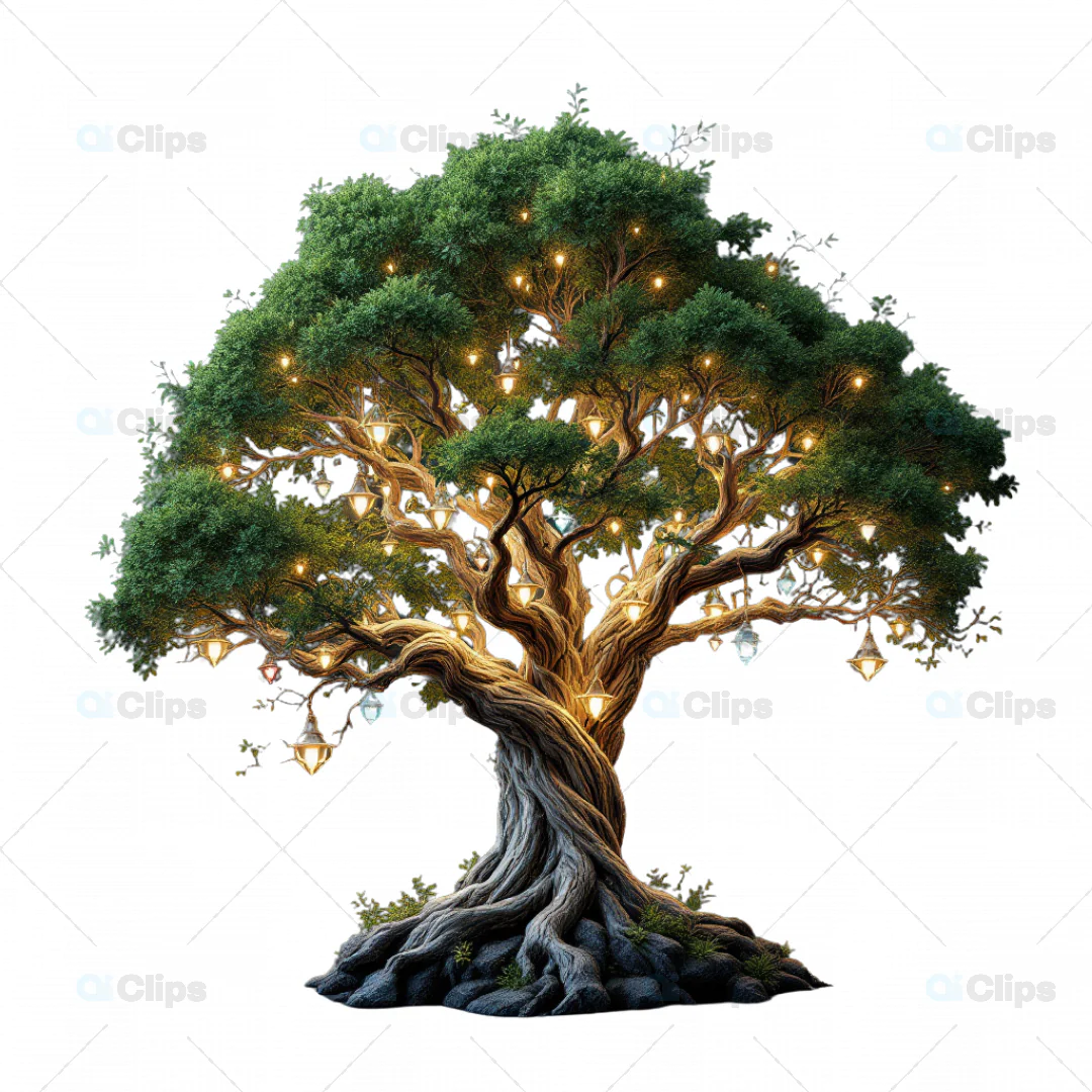 Enchanted Tree with Illuminated Crystals and Lanterns - 3D Fantasy Model
