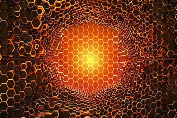 Futuristic Honeycomb Tunnel with Glowing Core – Tech and Sci-Fi Visual