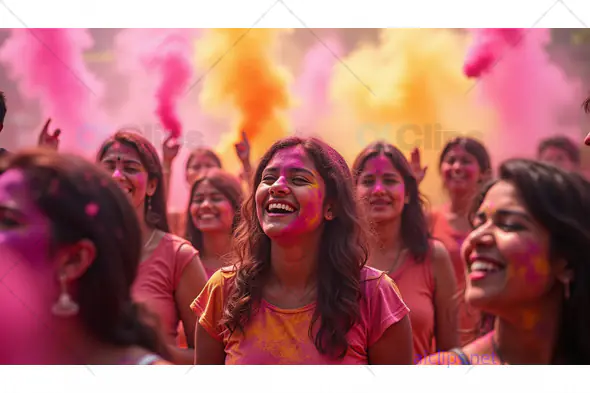Vibrant Holi Celebration with Smiling Women Covered in Colors