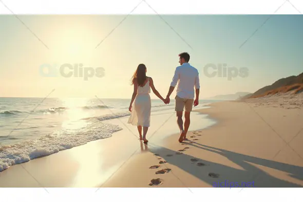 Romantic Couple Walking on the Beach at Sunset