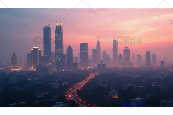 Sunset Over a Modern Skyscraper Skyline with Traffic Lights