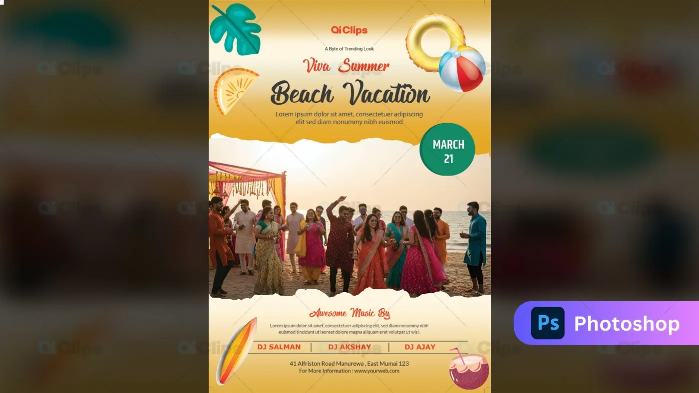 Beach Vacation Party Flyer Template with Summer Elements