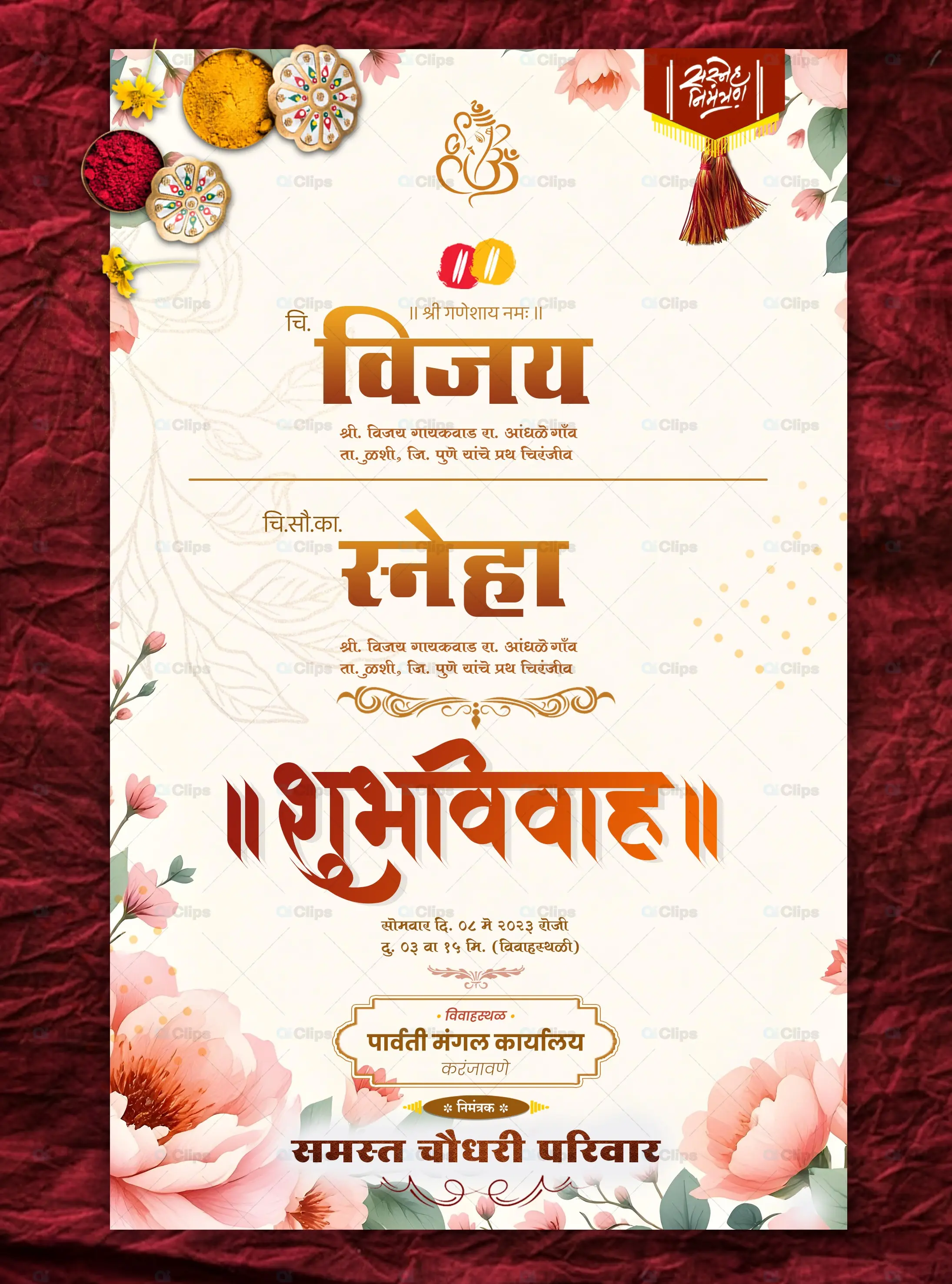 Elegant Floral Indian Wedding Invitation PSD Template