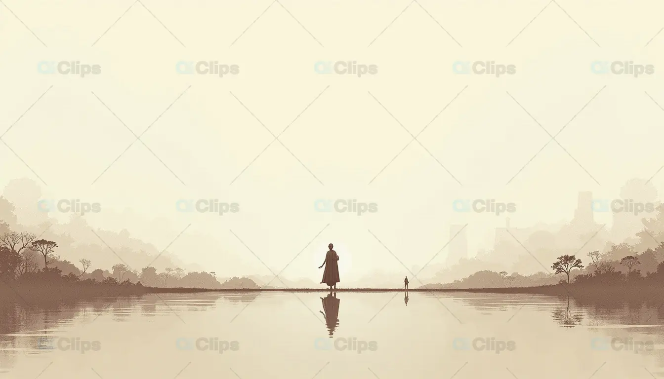 Solitary Figure on Misty Riverbank at Sunrise