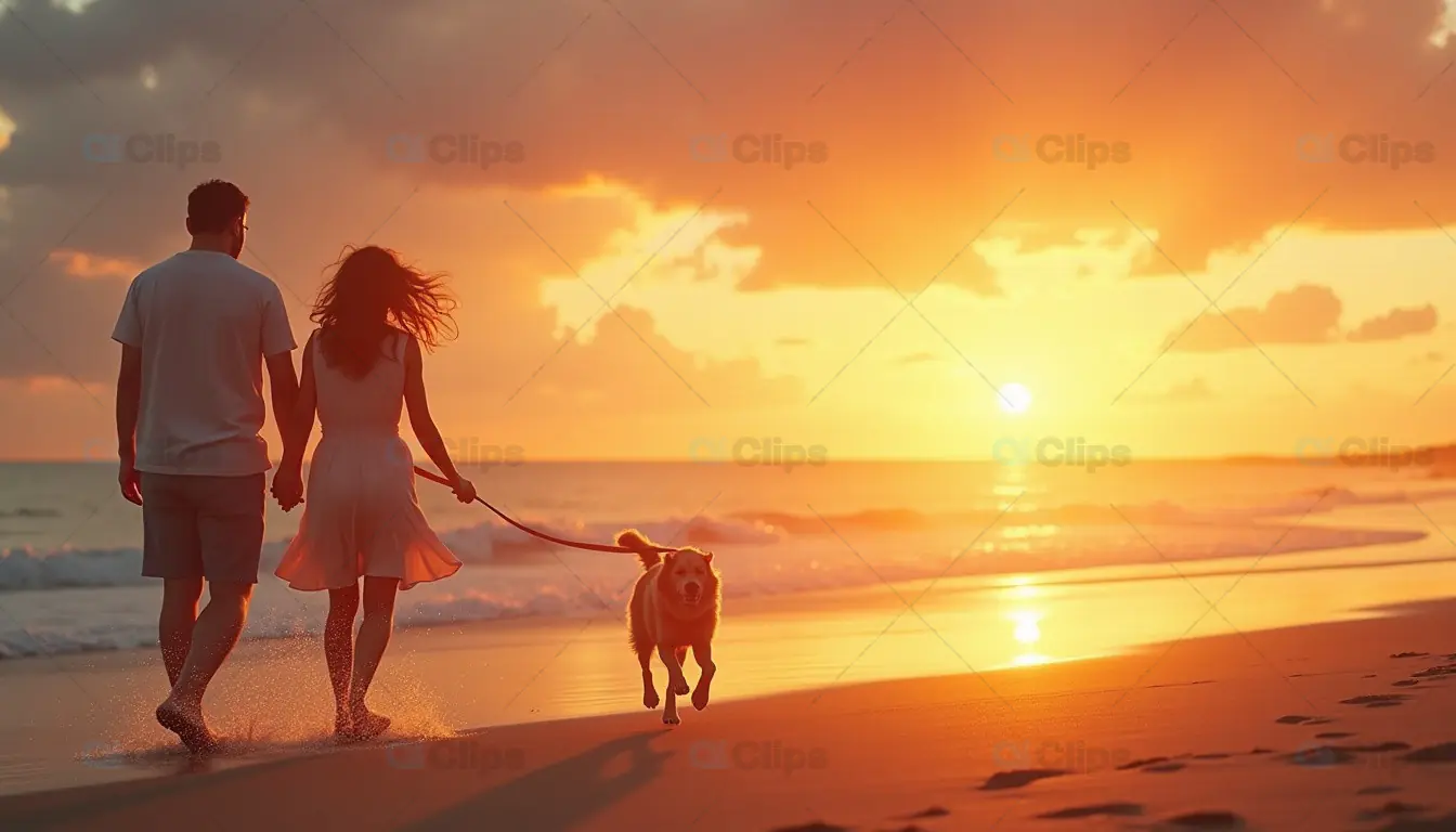 Couple Walking Dog on the Beach at Sunset