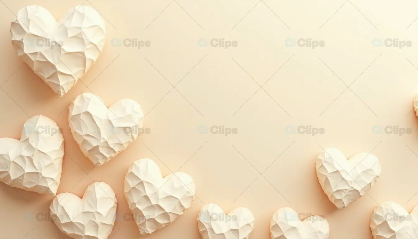 Geometric Crumpled Paper Hearts on Minimalist Background