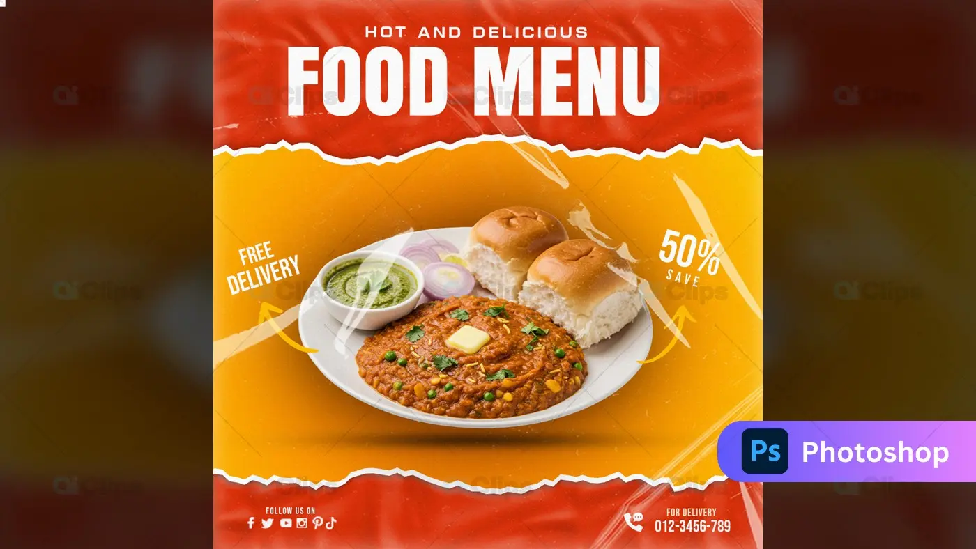 Indian Food Menu Template with Pav Bhaji Dish Display