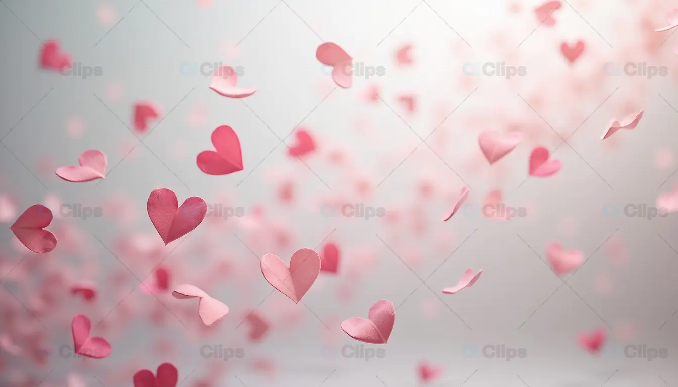 Floating Pink Hearts and Petals in Romantic Breeze