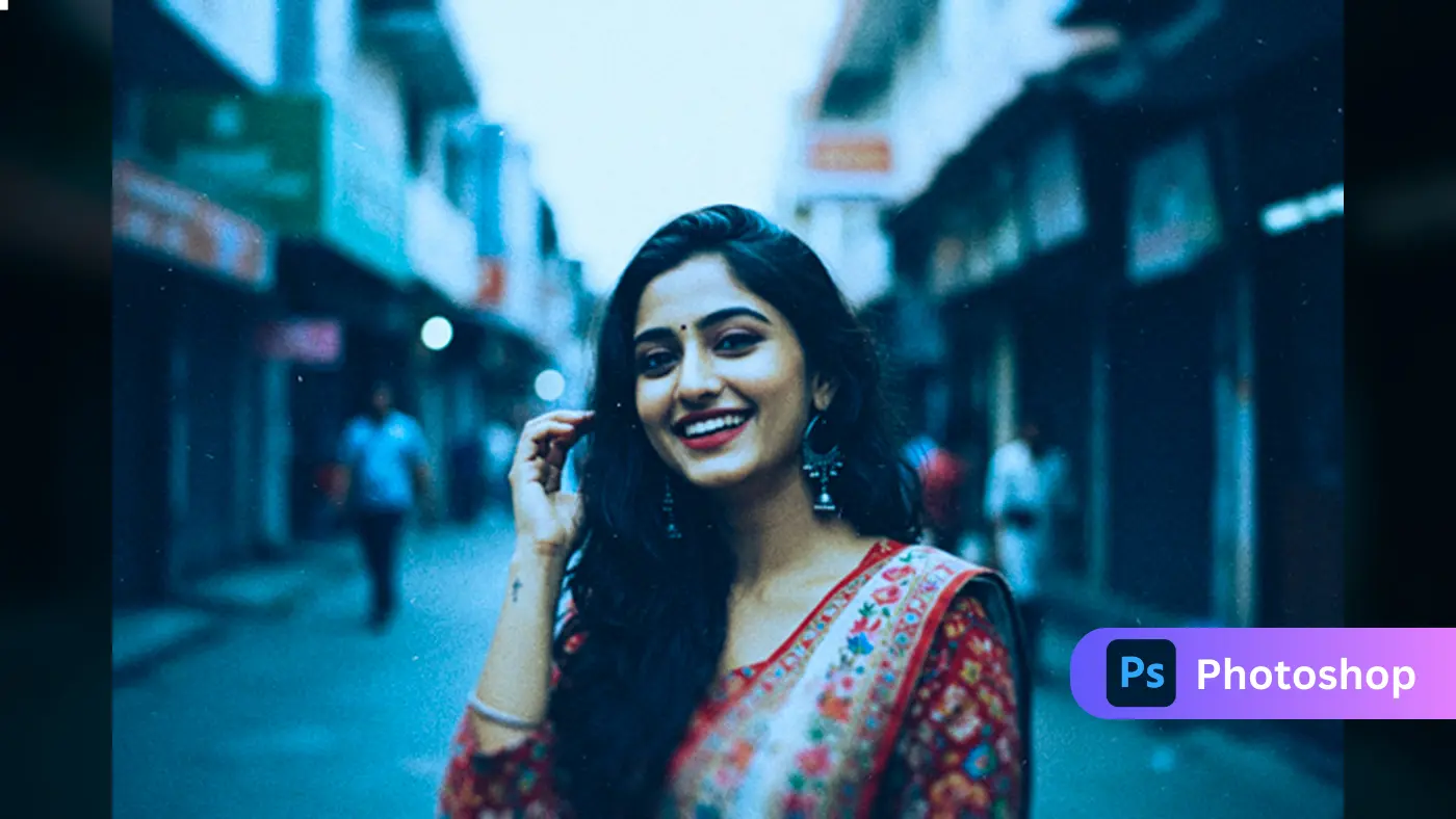 Vintage Film Effect  Indian Woman in Saree on Street