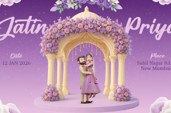 Lavender Purple 3D Indian Wedding Invitation Template