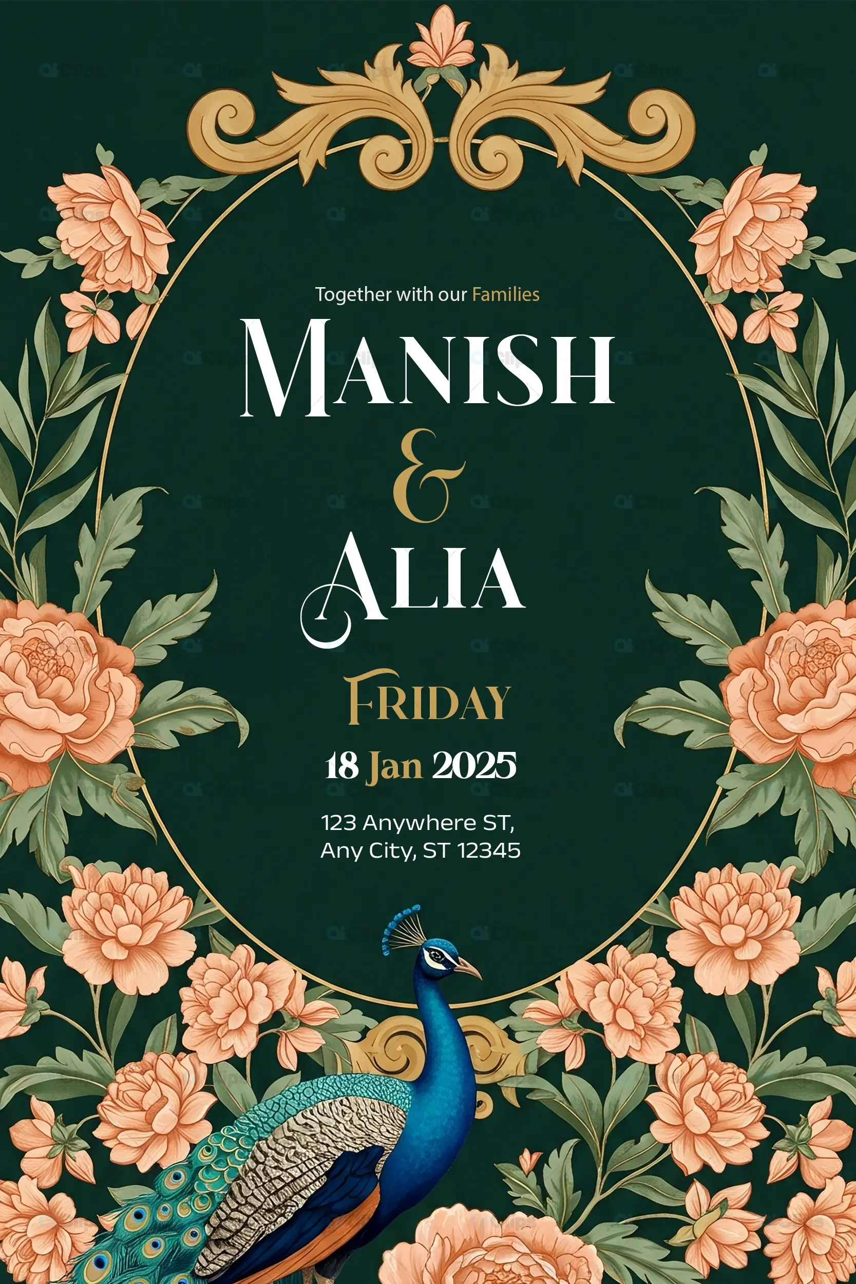 Regal Peacock Wedding Invitation PSD Template