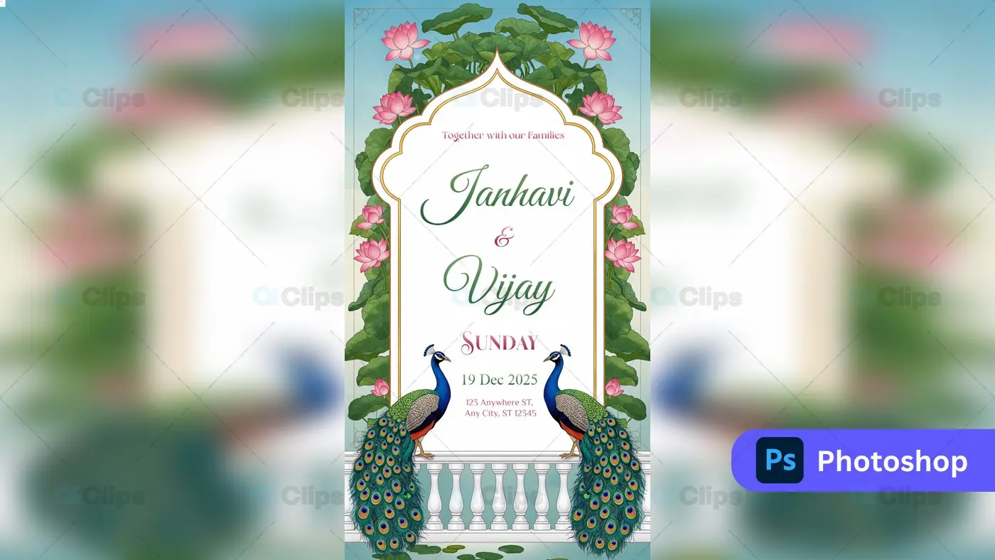 Lotus Peacock Wedding Invitation PSD Template
