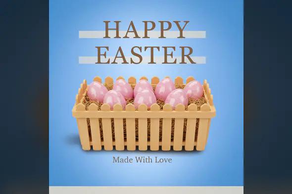 Happy Easter Greeting with Wooden Basket of Pink Eggs – Made With Love Theme