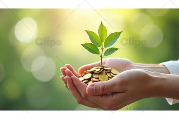 Sustainable Wealth Growth – Plant Growing from Coins in Hands