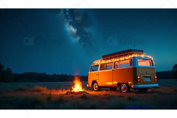 Vintage Camper Van Under Milky Way Sky with Campfire
