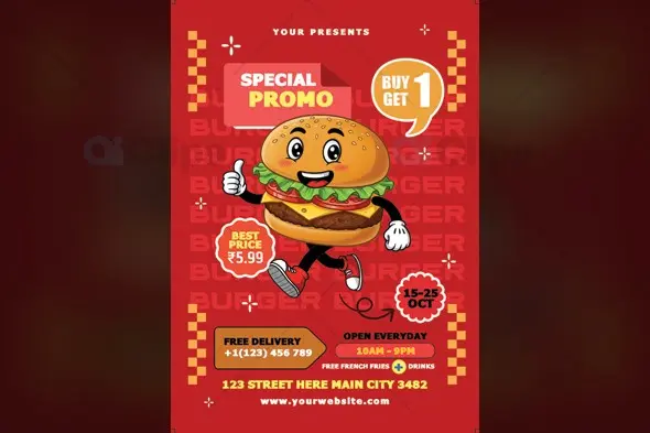 Cartoon Burger Special Promo Buy 1 Get 1 Flyer Template