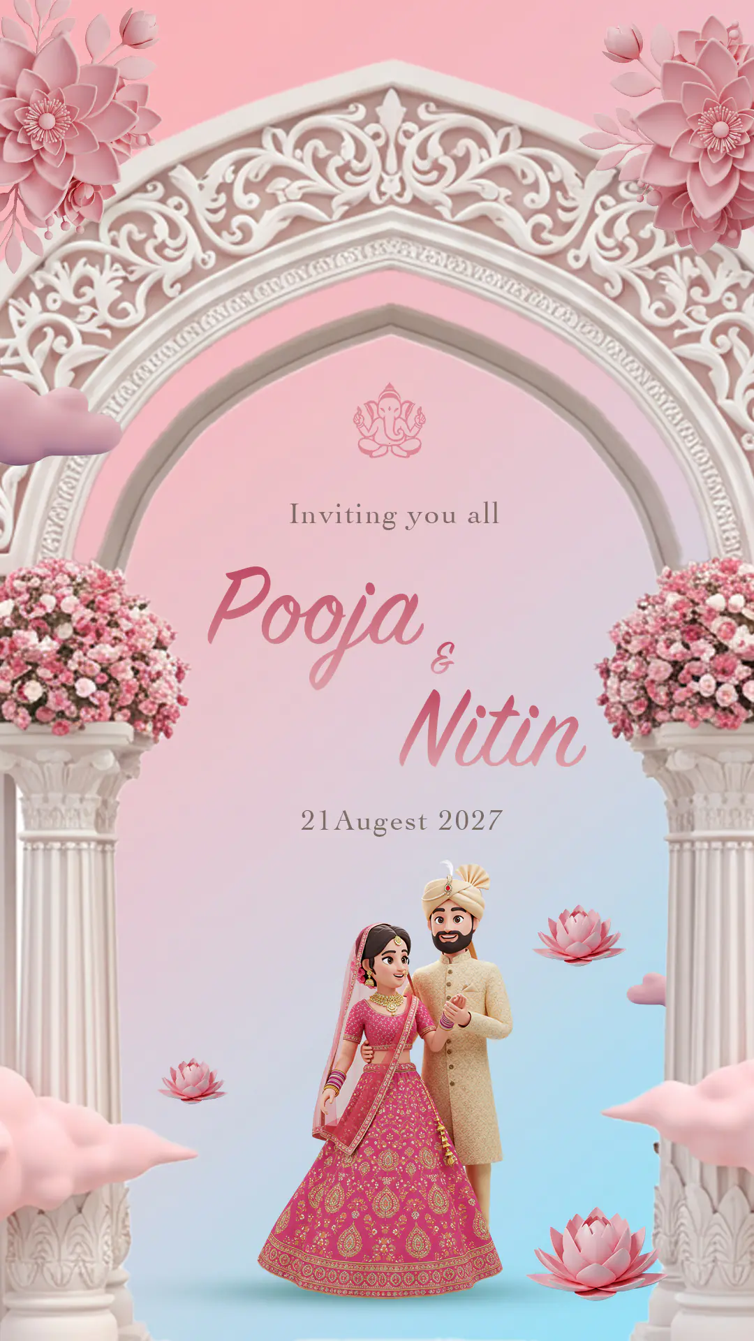 Elegant Pink & Ivory 3D Indian Wedding Invitation Template with Floral Arch and Cartoon Couple