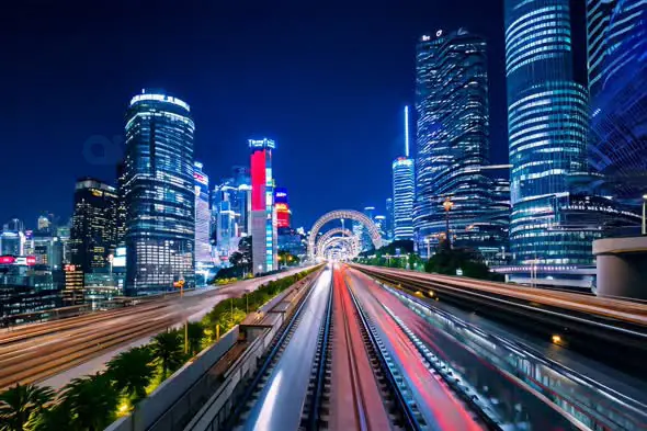 Cityscape at Night - High-Speed Motion Through Neon Skyline