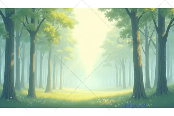 Sunlit Meadow Path in a Misty Forest