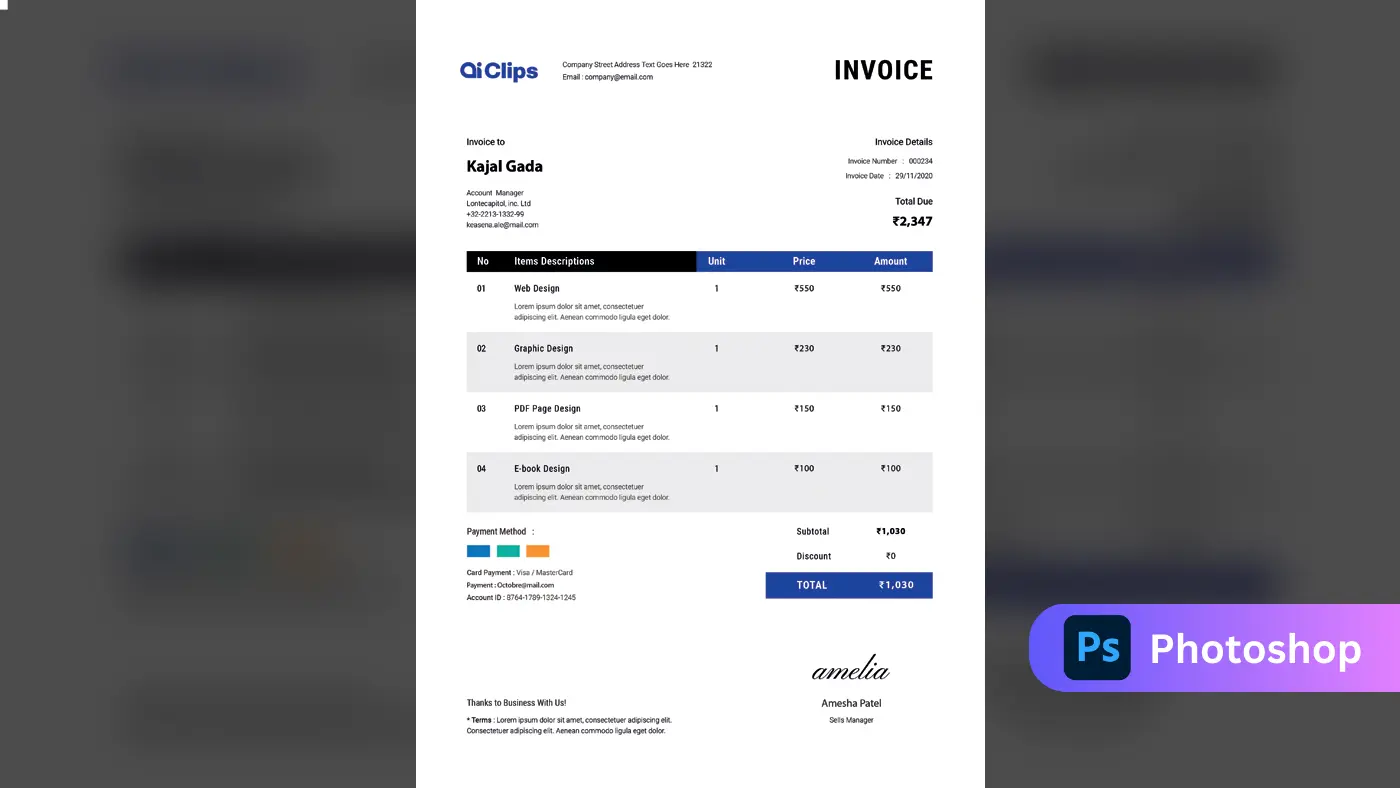 Modern Invoice PSD Template – Clean & Professional Billing Design