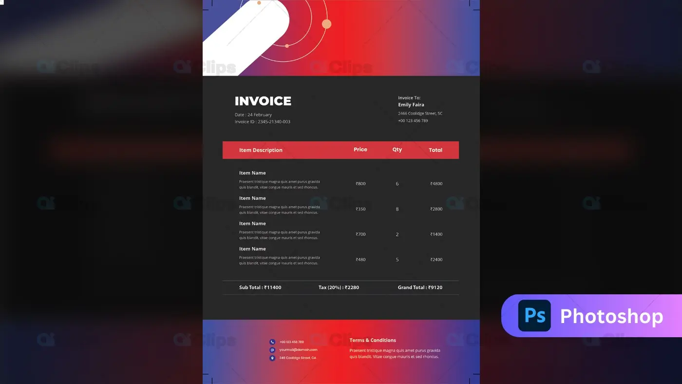 Modern Red Gradient Business Invoice Template Design